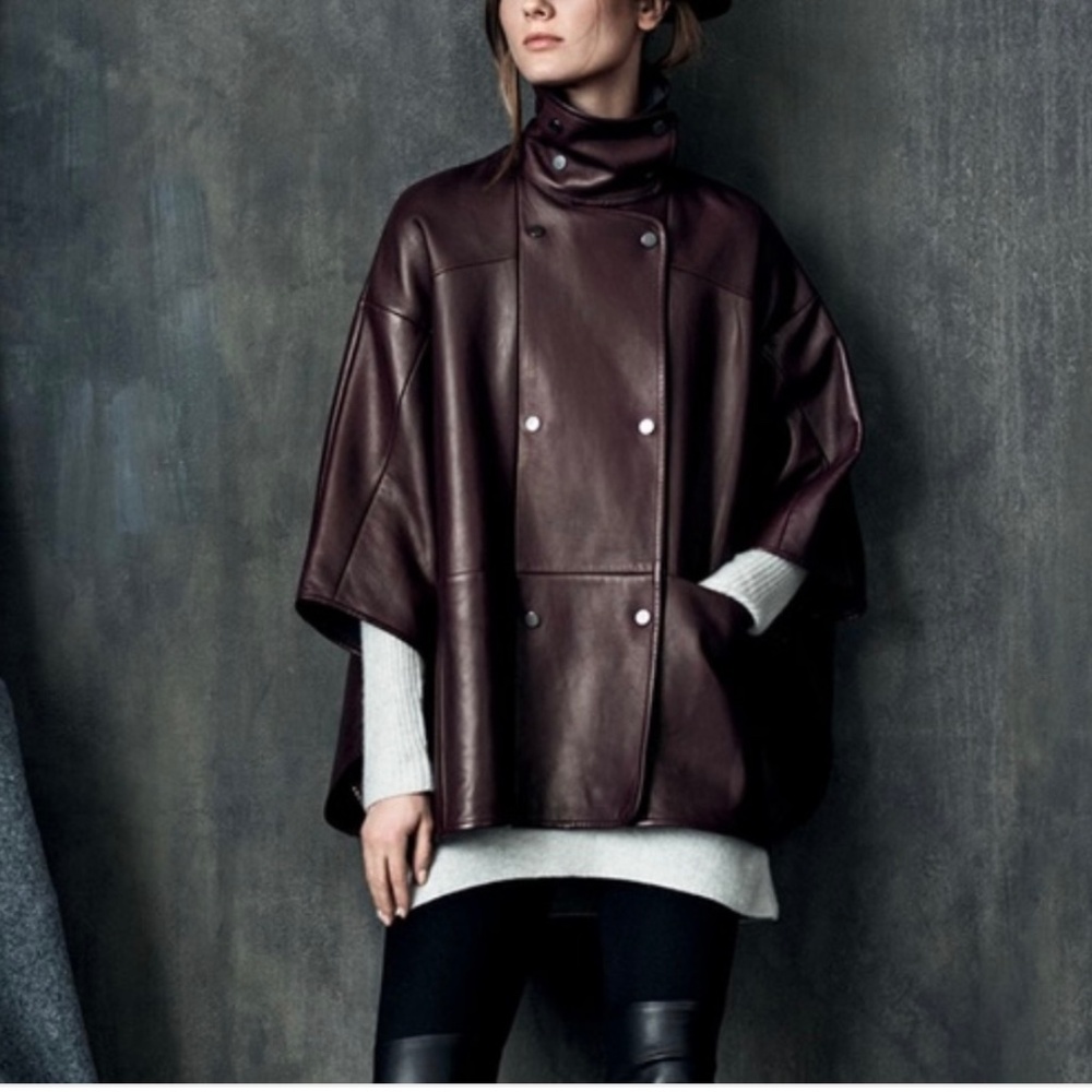 VINCE Burgundy Lambskin Leather Double Breasted Cape Poncho Size XS/S